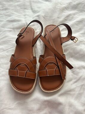 Zara Tan Leather Espadrille Sandals with Ankle Strap